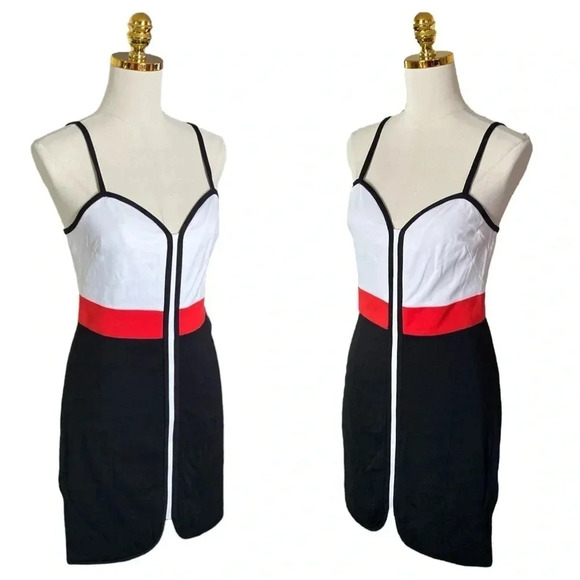 BEBE | Black/White/RedColor Blocked Bodycon Corset Mini Cocktail Dress Size M - Picture 3 of 10
